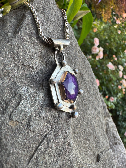 Handmade sterling silver amethyst hexagon pendant, alternate view