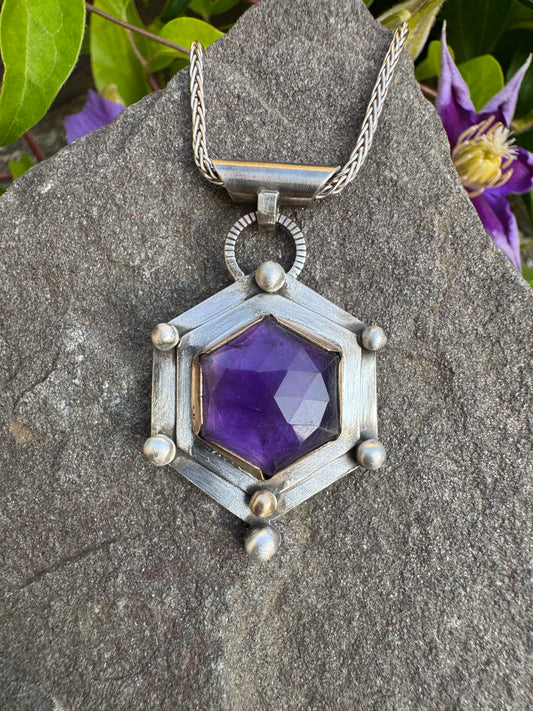 Handmade sterling silver amethyst hexagon pendant, front view