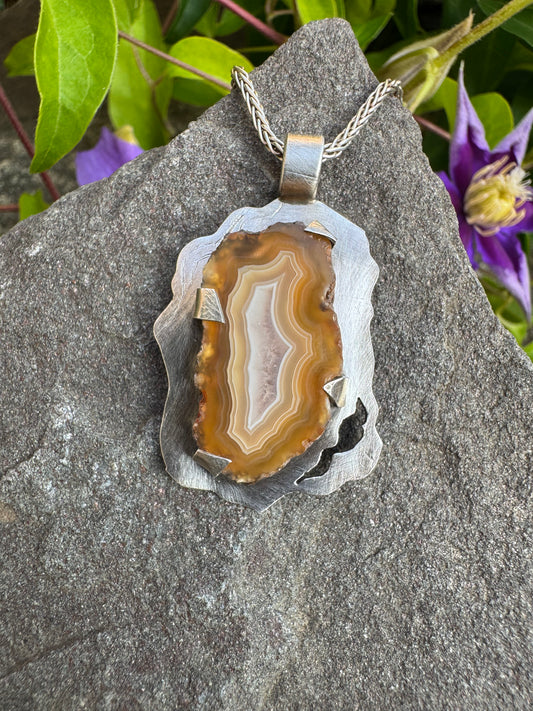 Handmade sterling silver freeform crazy lace agate pendant, alternate view