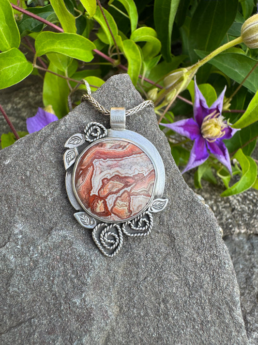 Handmade sterling silver crazy lace agate pendant in ornate sterling silver frame, alternate view