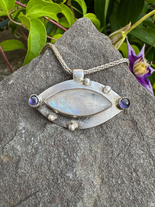 Handmade sterling silver moonstone marquise pendant with iolite, alternate view