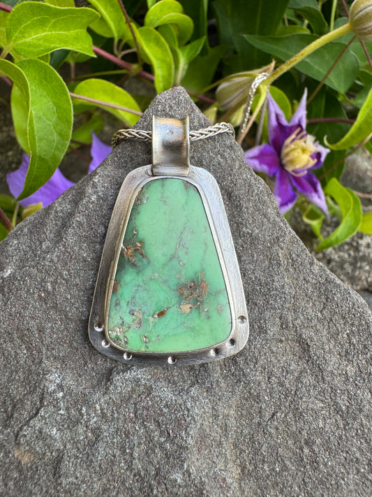 Handmade sterling silver trapezoid variscite pendant, front view