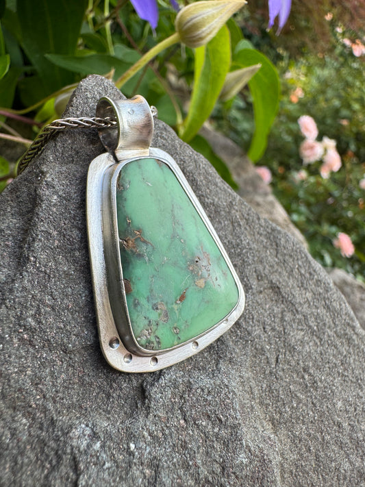 Handmade sterling silver trapezoid variscite pendant, alternate view