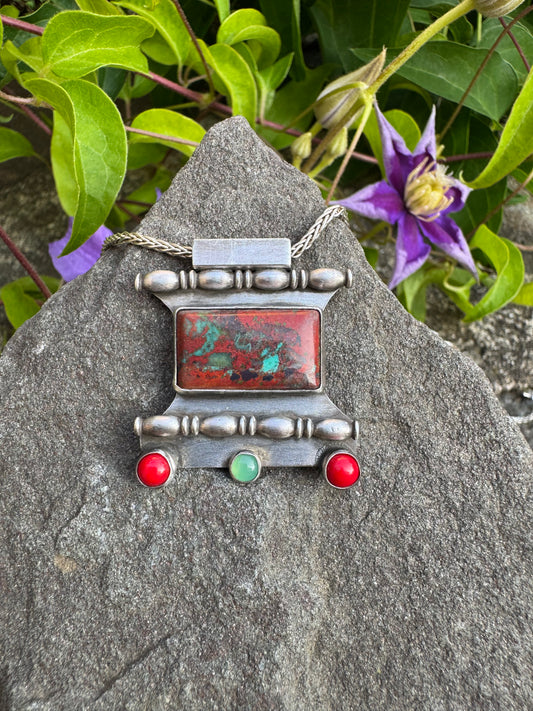 Handmade sterling silver red jasper bar pendant with peridot and garnet, front view