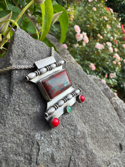Handmade sterling silver red jasper bar pendant with peridot and garnet, alternate view