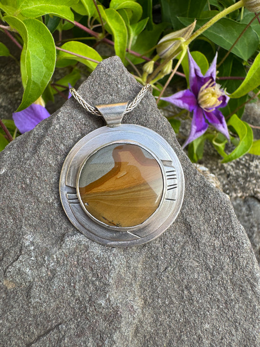 Handmade sterling silver picture jasper round pendant, front view