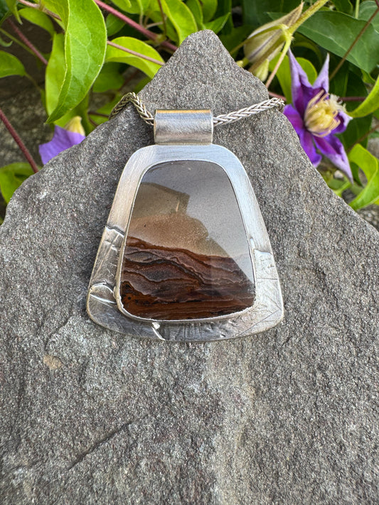 Handmade sterling silver scenic jasper trapezoid pendant, front view