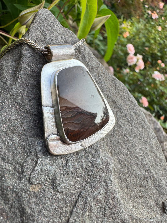 Handmade sterling silver scenic jasper trapezoid pendant, alternate view