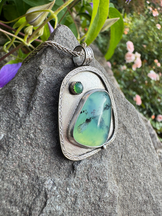 Handmade sterling silver Peruvian opal and chrysoprase pendant, alternate view