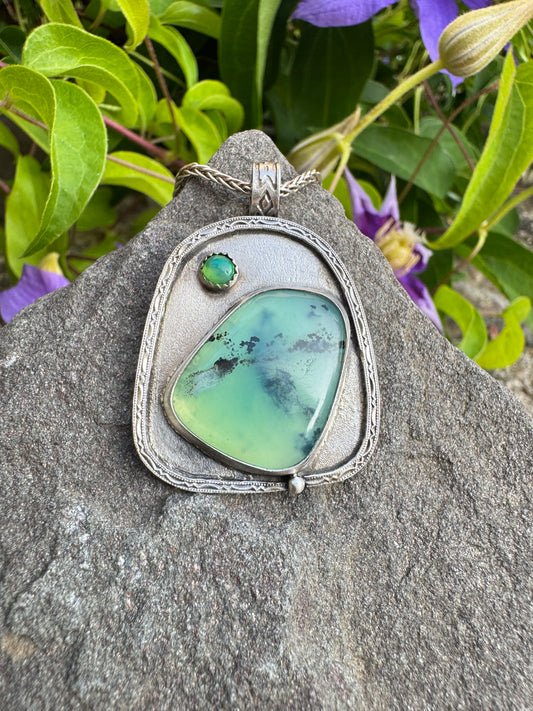 Handmade sterling silver Peruvian opal and chrysoprase pendant, front view