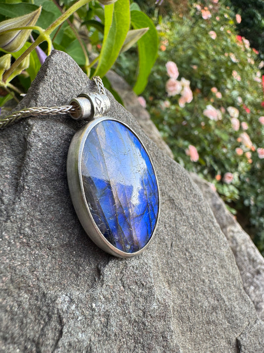 Handmade sterling silver warm gold labradorite oval pendant, alternate view