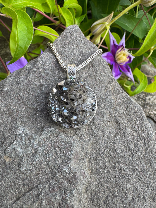 Handmade sterling silver black pyrite druzy pendant, front view
