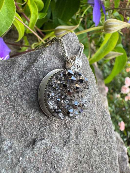 Handmade sterling silver black pyrite druzy pendant, alternate view