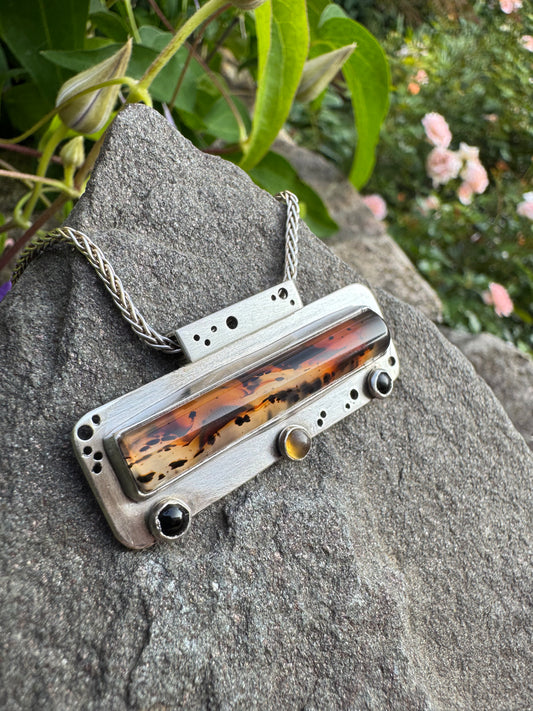 Handmade sterling silver Montana agate pendant with onyx and citrine, alternate view