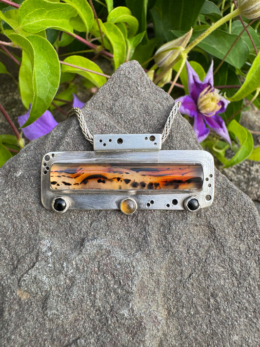 Handmade sterling silver Montana agate pendant with onyx and citrine, front view