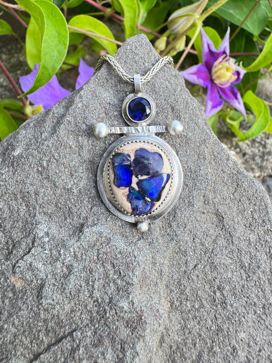 Handmade sterling silver fire opal and sapphire pendant, front view