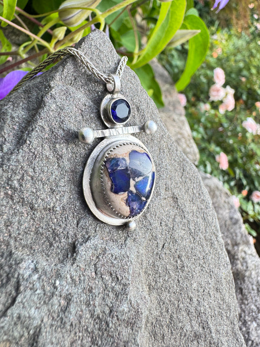 Handmade sterling silver fire opal and sapphire pendant, alternate view
