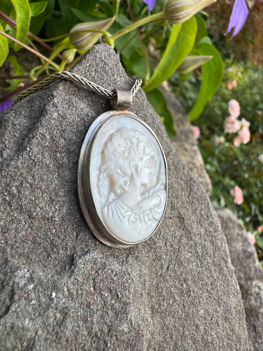 Handmade sterling silver carved mother of pearl cameo pendant, alternate view