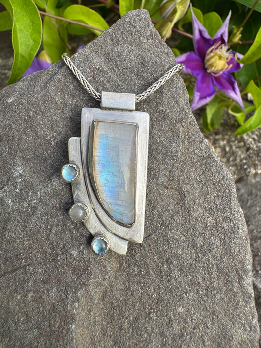 Handmade sterling silver moonstone rectangular pendant, front view