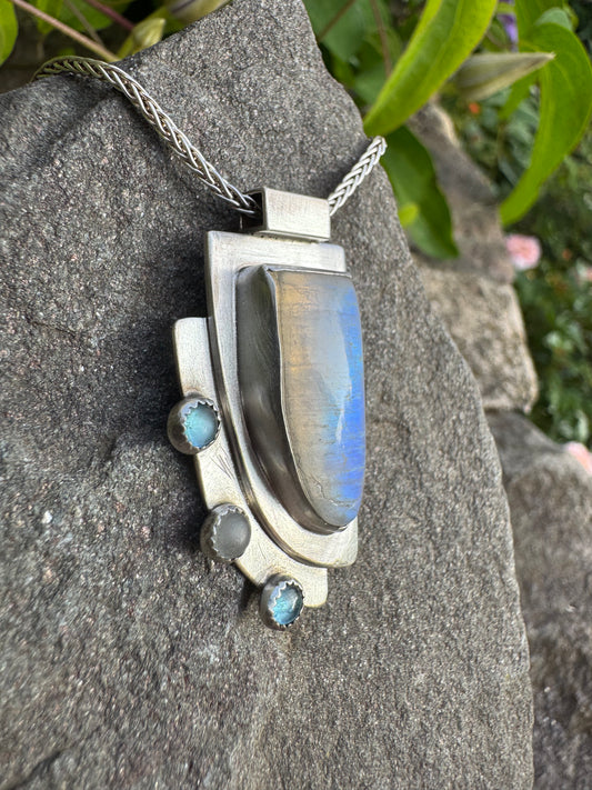 Handmade sterling silver moonstone rectangular pendant, alternate view
