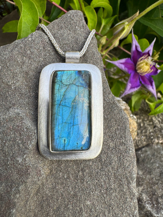 Handmade sterling silver labradorite rectangle pendant, front view