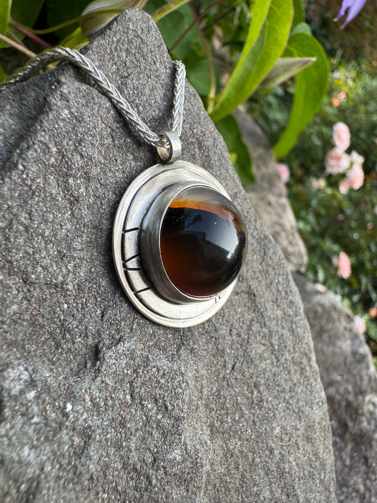 Handmade sterling silver Montana agate pendant in sterling silver with engraved panels, alternate view