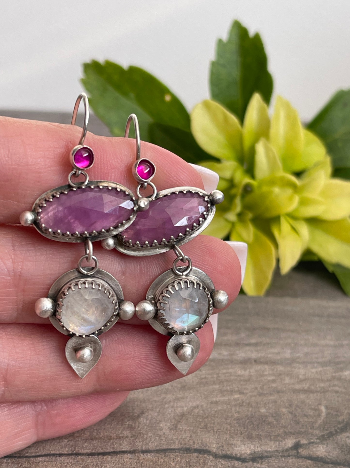 Pink Topaz, Faceted Ruby and Moonstone Earrings
