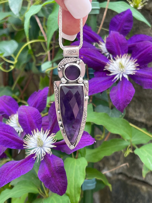 Handmade sterling silver elongated amethyst blade pendant, front view