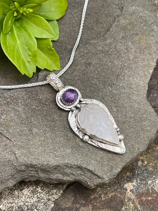 Handmade sterling silver floral-carved moonstone and amethyst pendant, alternate view