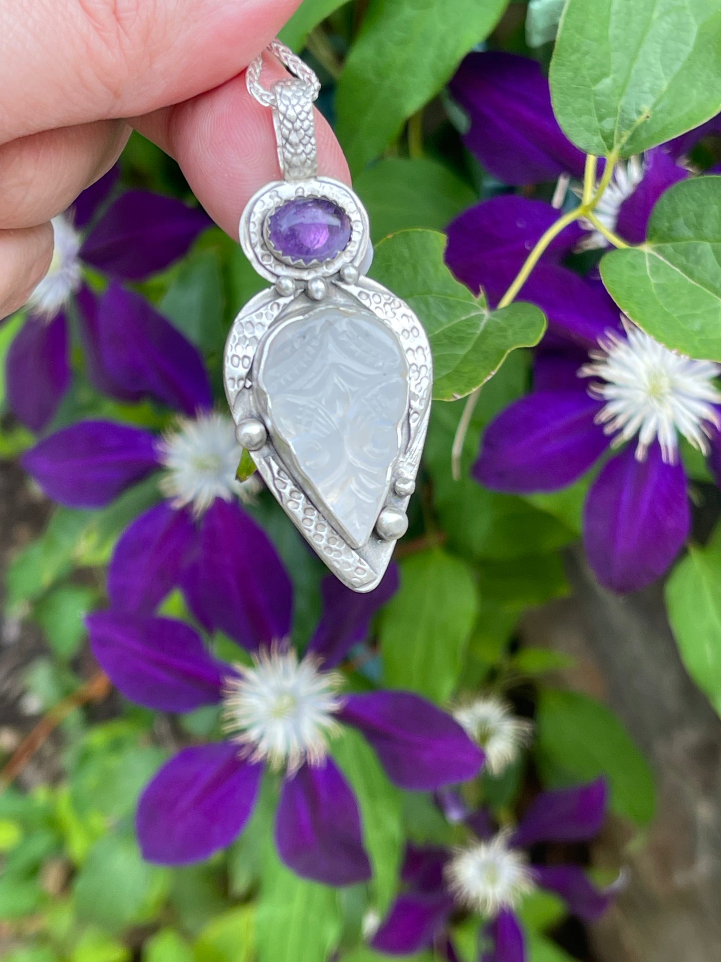 Carved Moonstone and Amethyst Pendant