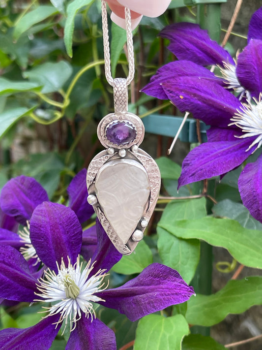 Handmade sterling silver floral-carved moonstone and amethyst pendant, front view