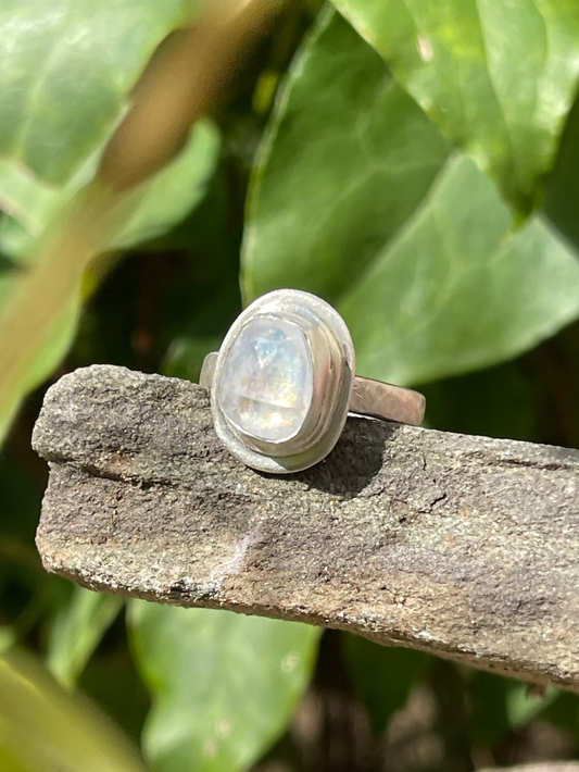 Handmade sterling silver petite moonstone oval ring, front view