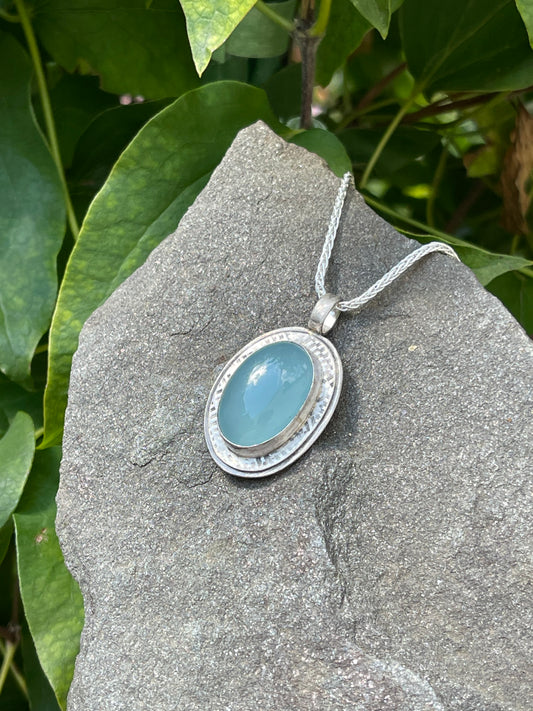 Handmade sterling silver aquamarine oval pendant in textured sterling silver, alternate view