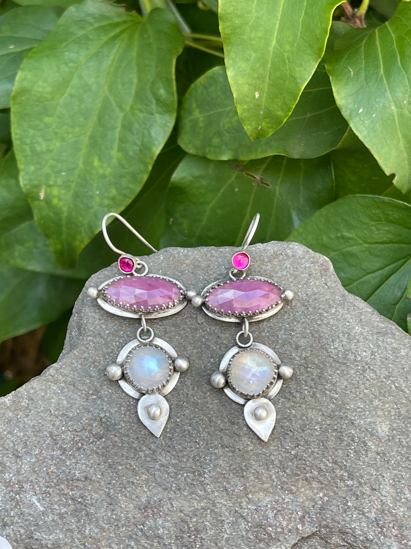 Pink Topaz, Faceted Ruby and Moonstone Earrings