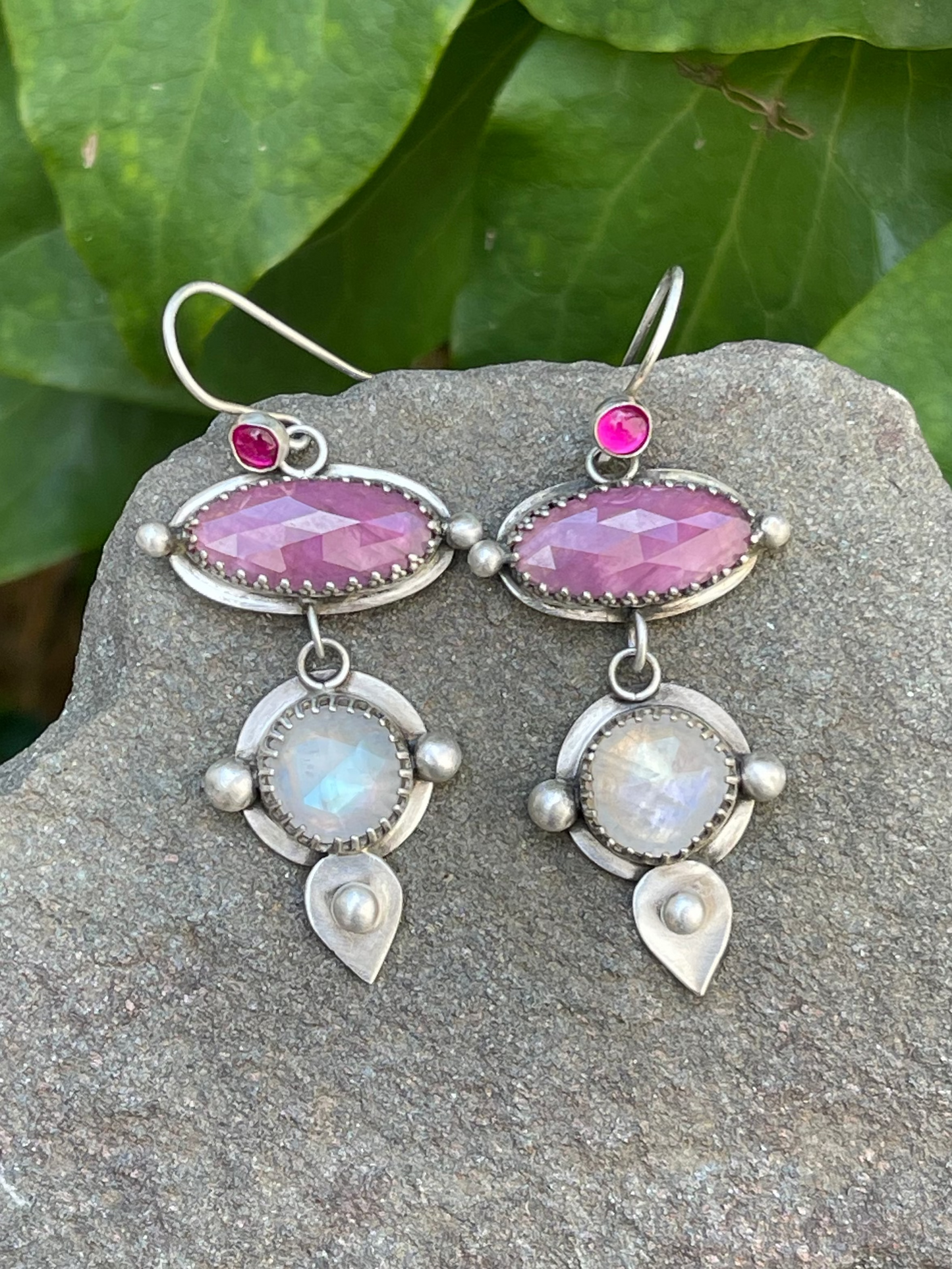 Pink Topaz, Faceted Ruby and Moonstone Earrings
