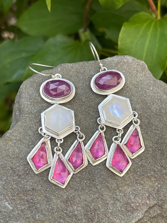 Handmade sterling silver ruby and hexagon moonstone fringe earrings, front view
