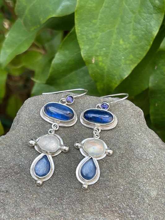 Handmade sterling silver sapphire, moonstone and kyanite tiered earrings, front view