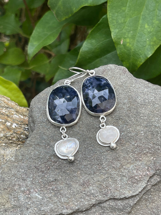 Handmade sterling silver sapphire and faceted moonstone drop earrings, front view