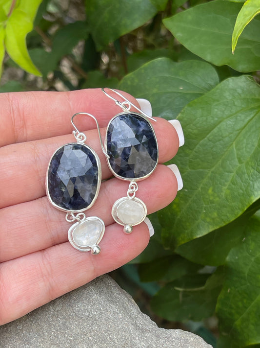 Handmade sterling silver sapphire and faceted moonstone drop earrings, alternate view