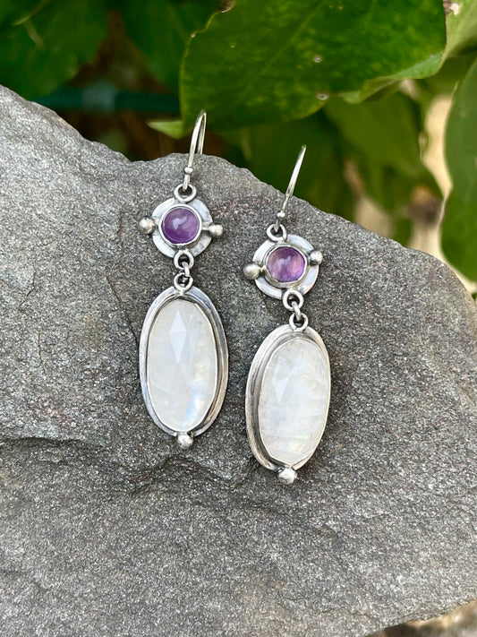 Handmade sterling silver amethyst and moonstone two-stone drop earrings, front view