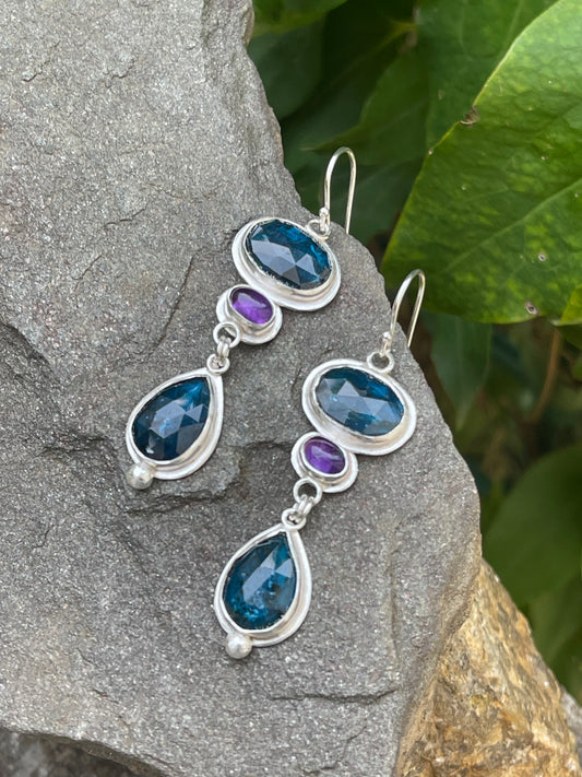 Handmade sterling silver kyanite and amethyst three-stone drop earrings, alternate view