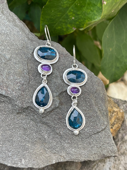 Handmade sterling silver kyanite and amethyst three-stone drop earrings, front view
