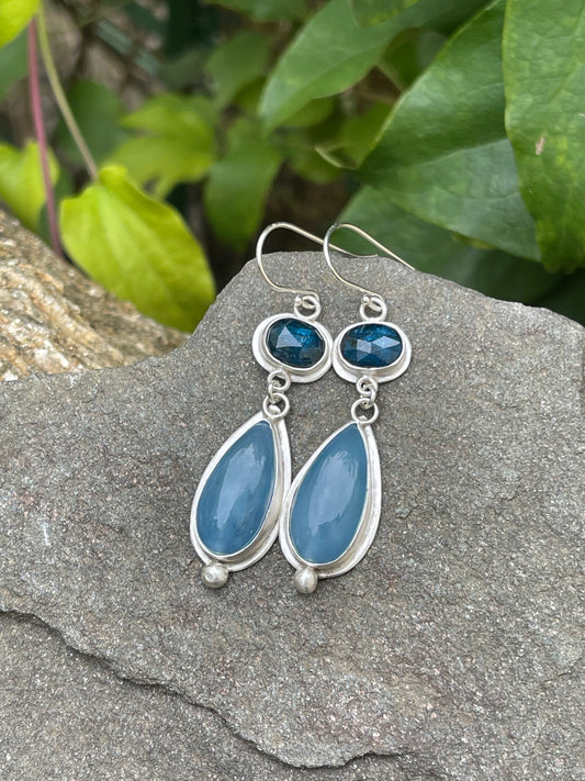 Handmade sterling silver kyanite and aquamarine oval drop earrings, front view