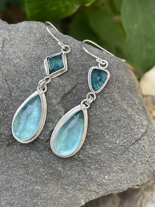 Handmade sterling silver mixed-cut kyanite and aquamarine drop earrings, front view