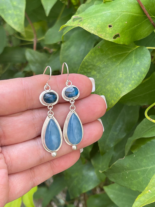 Handmade sterling silver kyanite and aquamarine oval drop earrings, alternate view