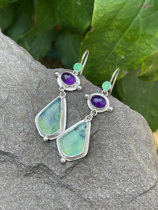 Handmade sterling silver kite-cut Peruvian opal, amethyst and chrysoprase drop earrings, front view
