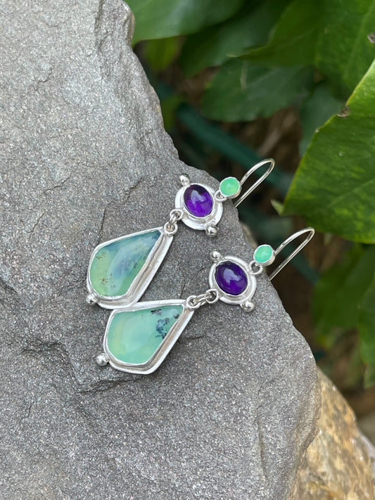 Handmade sterling silver kite-cut Peruvian opal, amethyst and chrysoprase drop earrings, alternate view