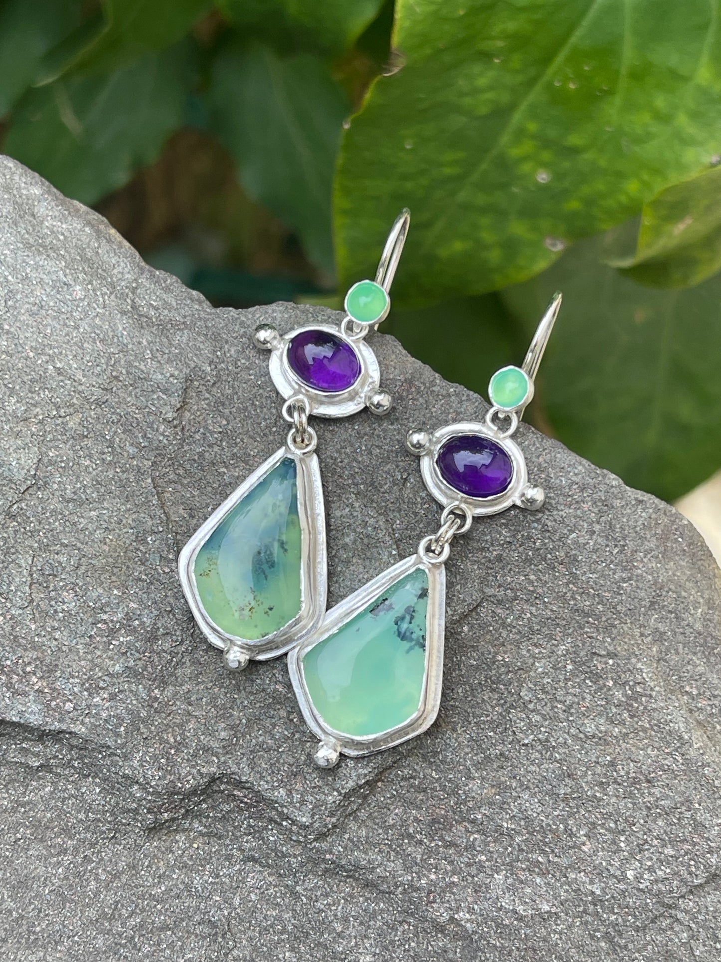 Silver earrings with chrysoprase, amethyst and Peruvian opal stones