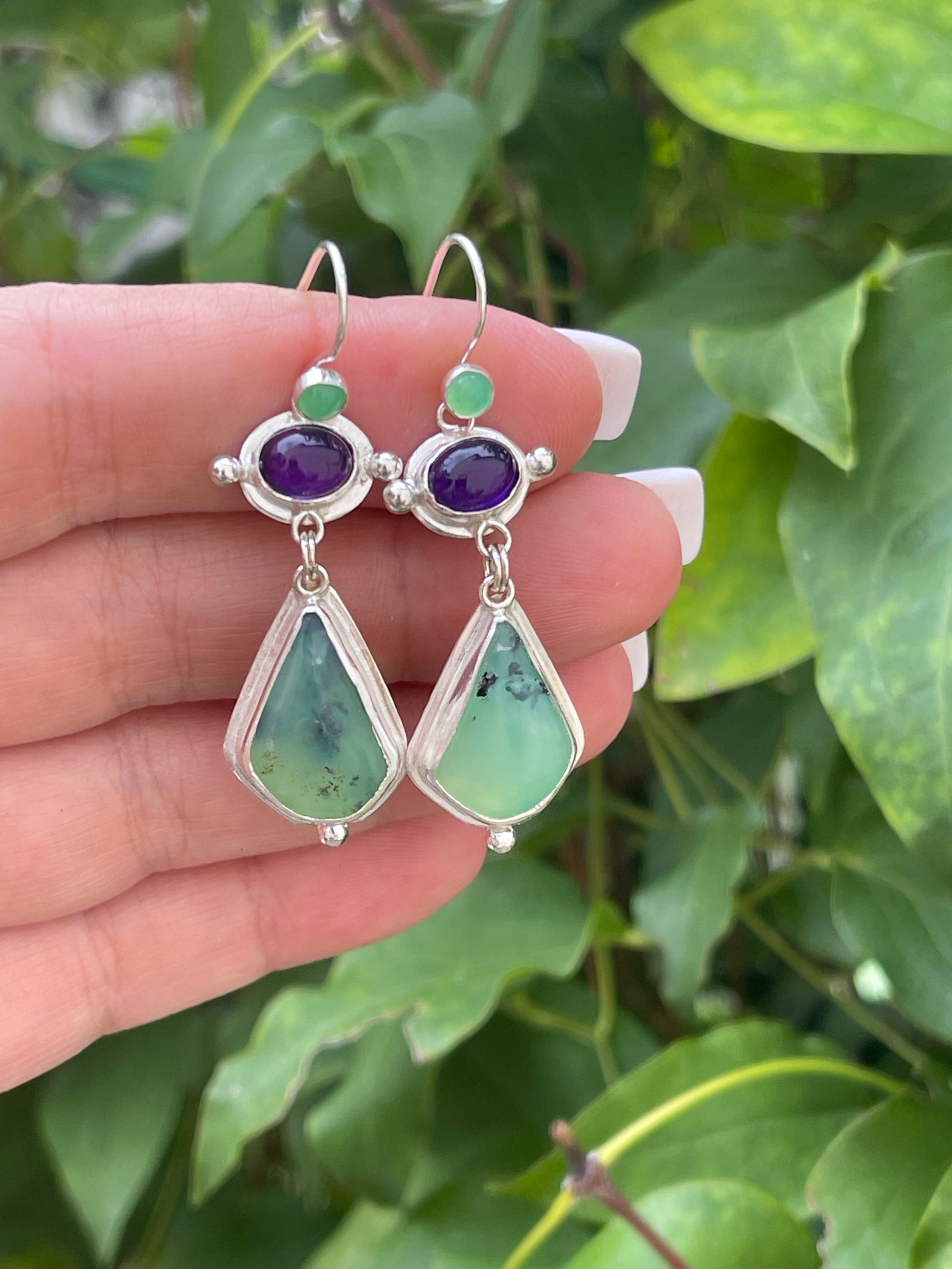 Silver earrings with chrysoprase, amethyst and Peruvian opal stones