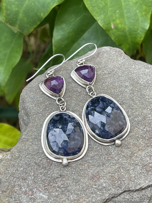 Handmade sterling silver amethyst and sapphire drop earrings, front view